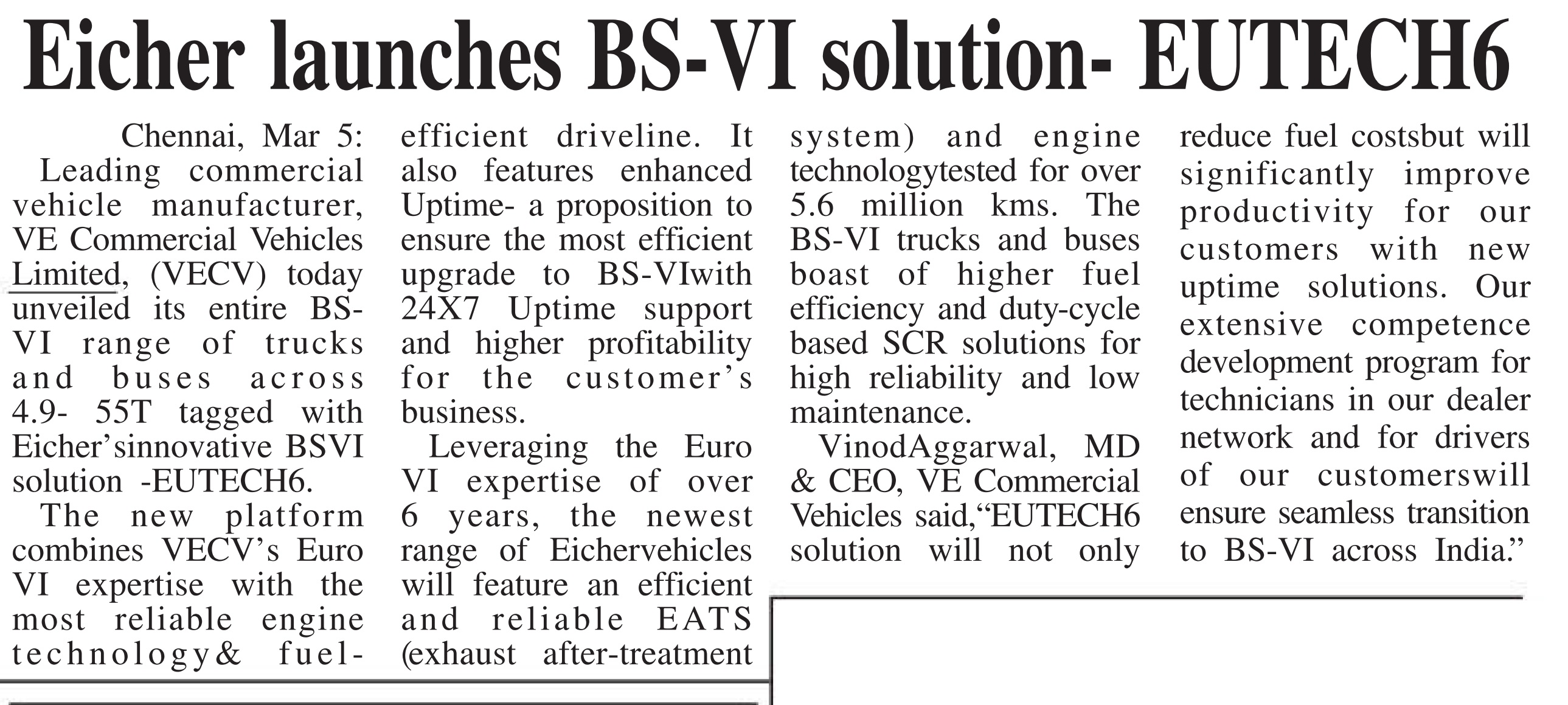 Eicher Launches  BS-VI solution - EUTECH6