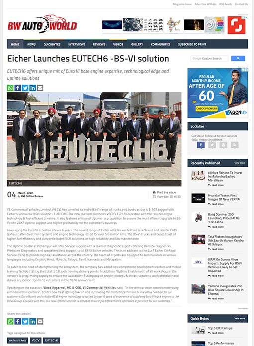 Eicher Launches EUTECH6 - BS-VI solution