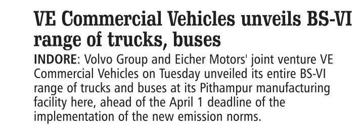 VE Commercial Vehicles unveils BS-VI range of trucks, buses