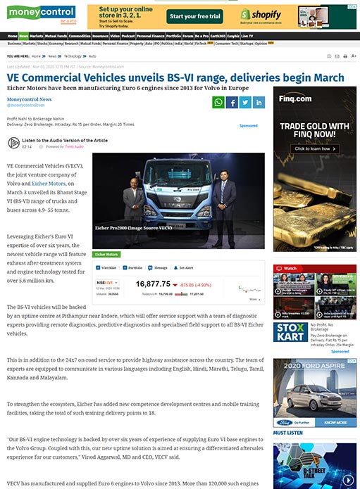 VE Commercial Vehicles unveils BS-VI range, deliveries begin March