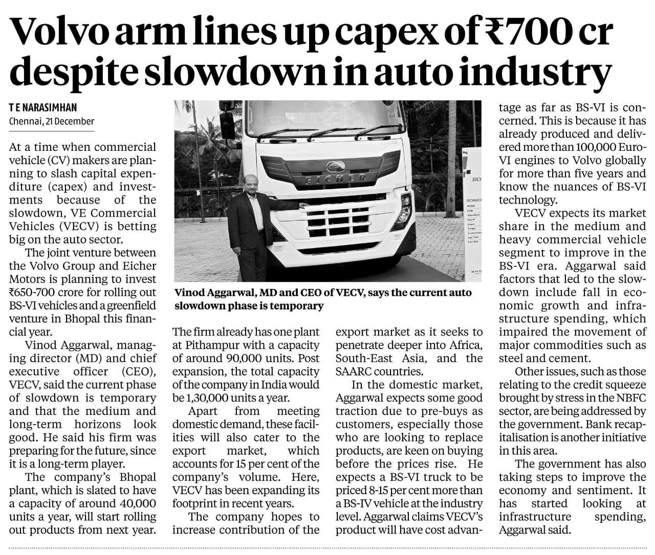 Business Standard - Despite auto slump, VECV