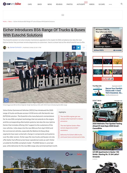 Eicher Introduces BS6 Range Of Trucks & Buses With Eutech6 Solutions